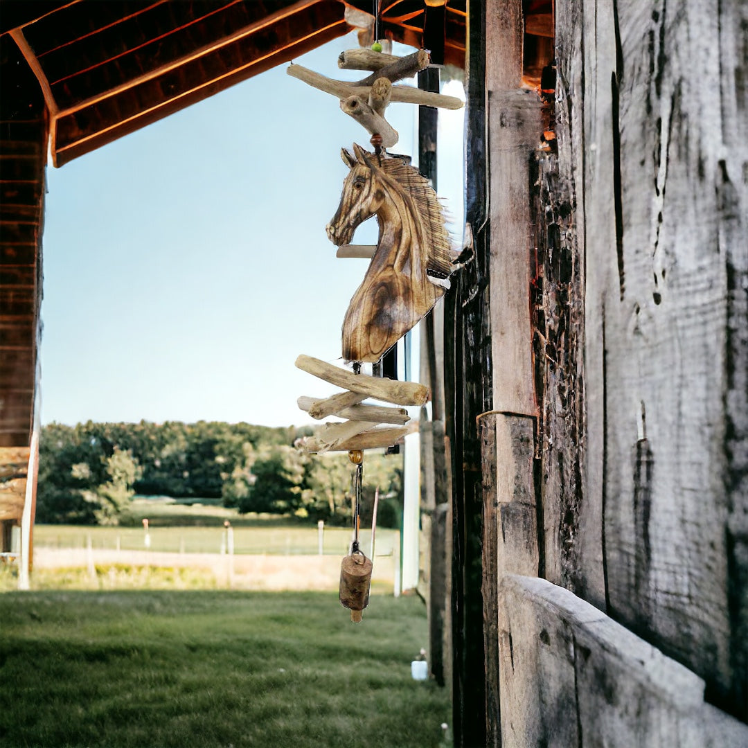 Horse Lovers Bell Wind Chime, barn background.