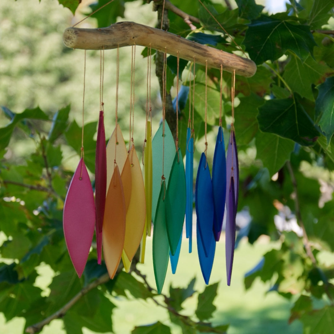 Rainbow Leaf Tumbled Glass Wind Chime, front hanging in tree