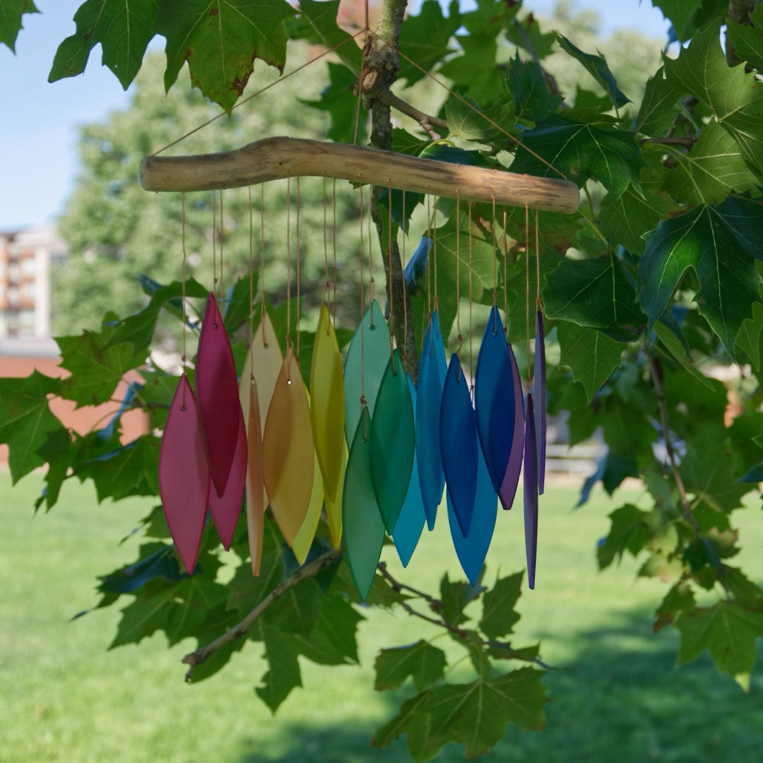Rainbow Leaf Tumbled Glass Wind Chime, full front hanging in tree 2