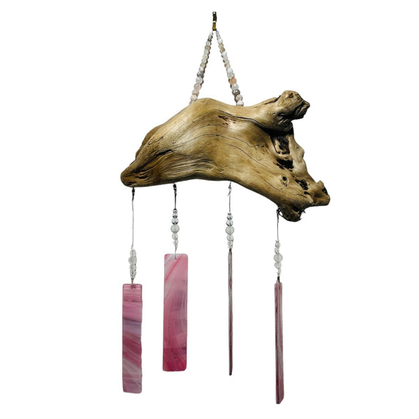 Alaskan Driftwood Chime with Pink Glass on white background.