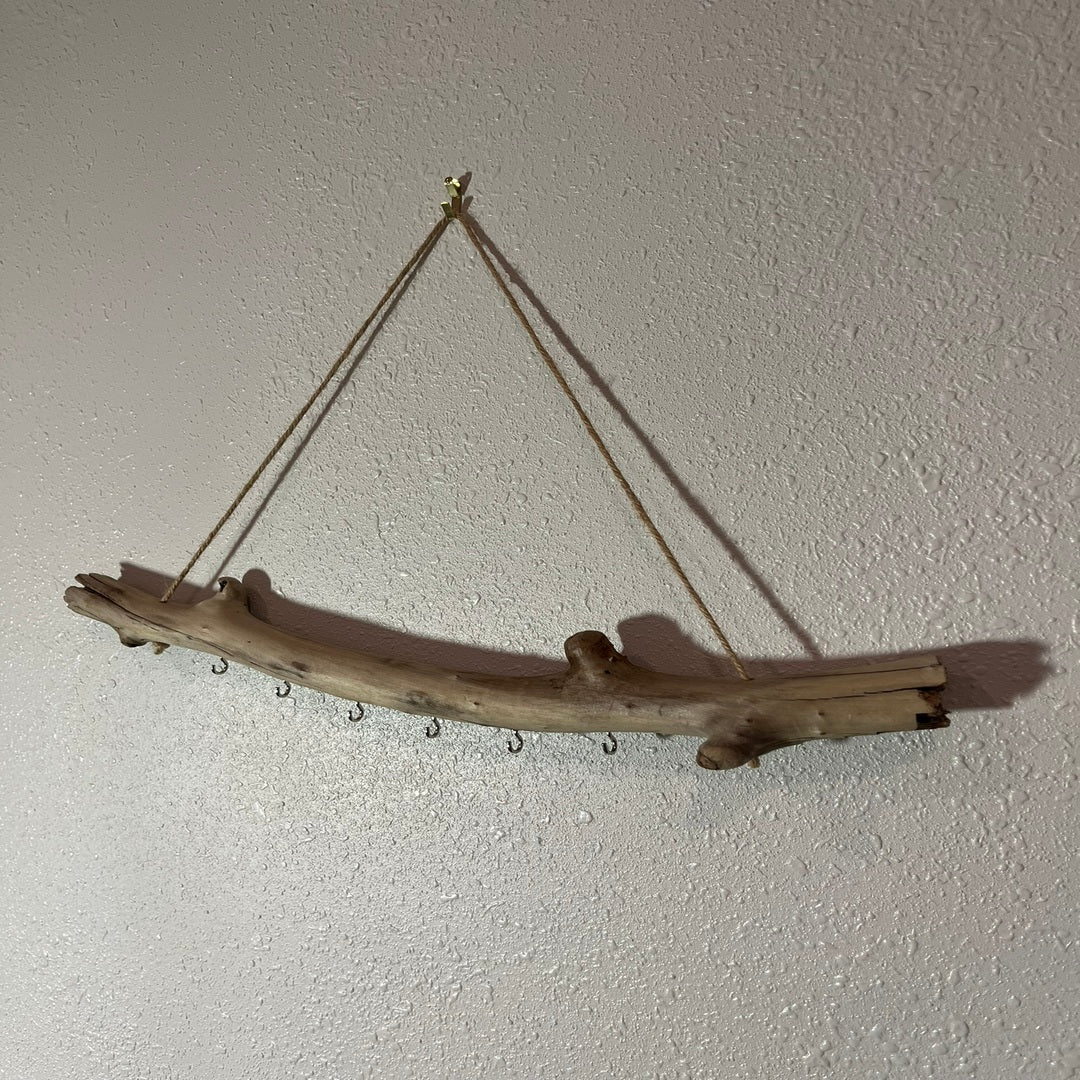 Driftwood Branch Necklace Holder, matte finish. Side angle on white background.