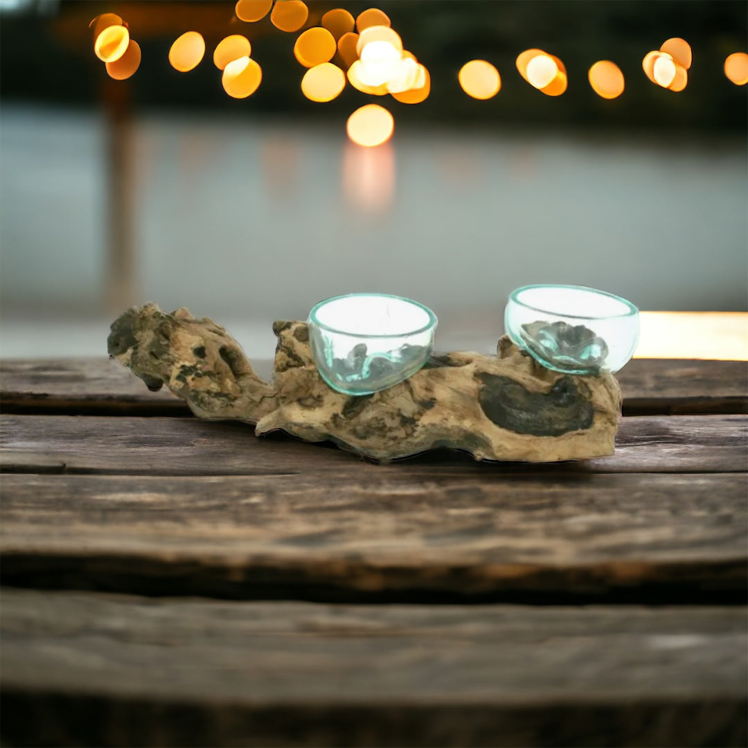 Driftwood Blown Glass with two mini glass bowls. Beautiful Tea light candle holder for romantic dinner