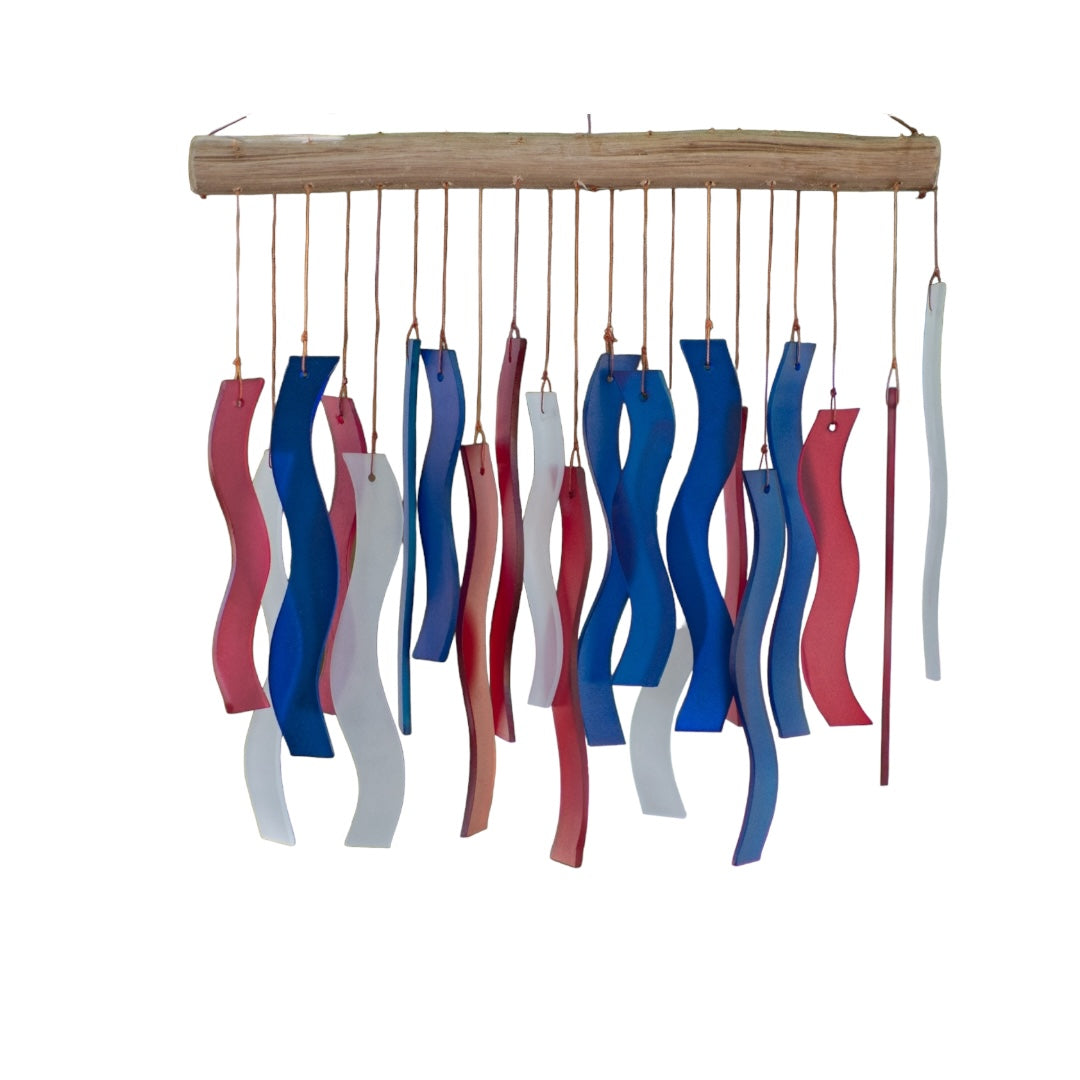 Patriotic Red, White, and Blue Wave Tumbled Glass Wind Chime. Close up front