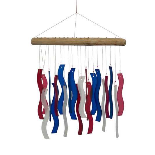 Patriotic Red, White, and Blue Wave Tumbled Glass Wind Chime. Full Front 