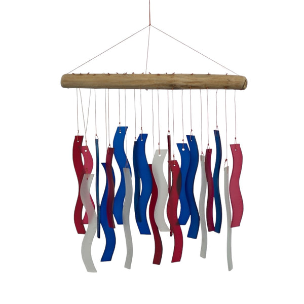 Patriotic Red, White, and Blue Wave Tumbled Glass Wind Chime. Full Front 