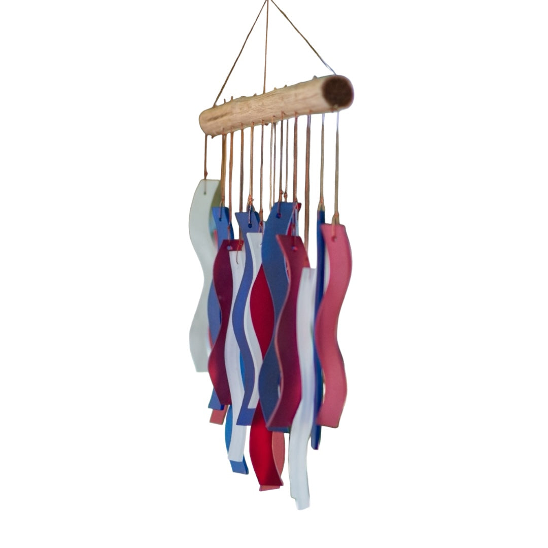 Patriotic Red, White, and Blue Wave Tumbled Glass Wind Chime. Side view