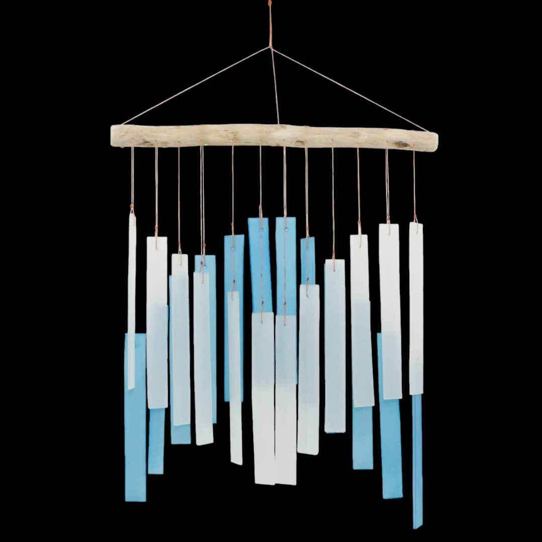 Light Blue and White Skyline Tumbled Glass Wind Chime, front view with black background