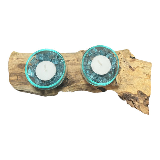 Driftwood Candle Holder with Aqua Colored Fire Glass and Tea Lights. Driftwood Decor on white background.