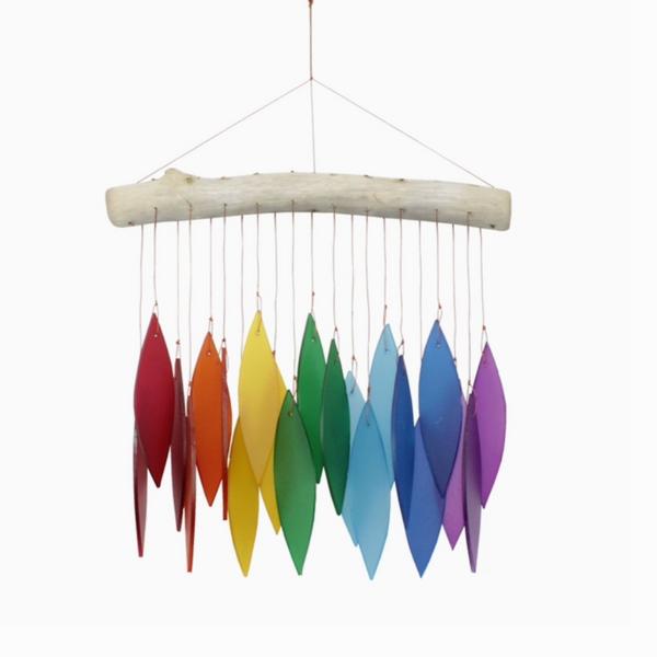 Rainbow Leaf Tumbled Glass Wind Chime, full front view